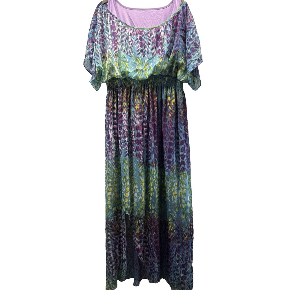 One World Women's Maxi Dress Size L Purple Green Colorful Y2K 90's Pullover Boho
